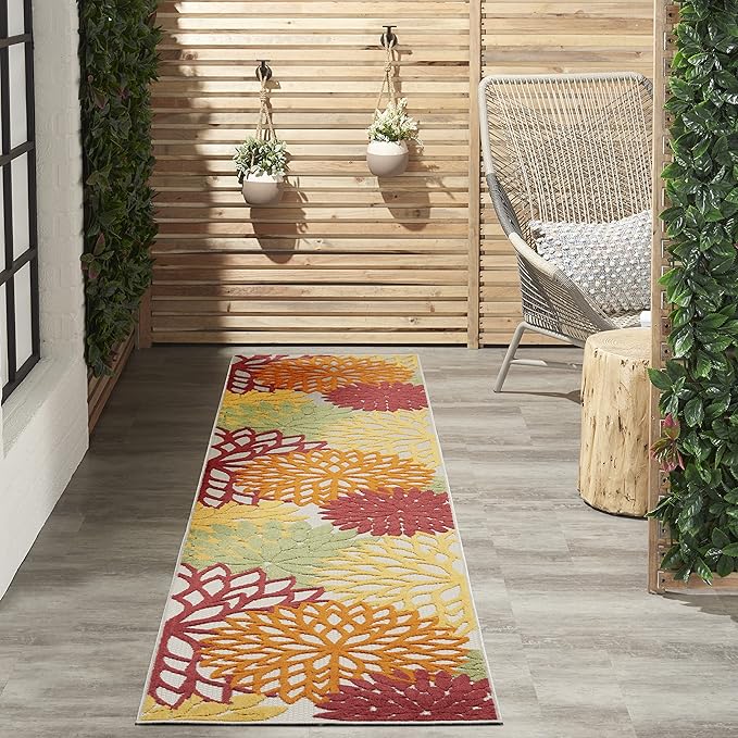 Nourison Aloha Indoor/Outdoor Red Multi Colored 2'3" x 10' Area Rug, Tropical, Botanical, Easy Cleaning, Non Shedding, Bed Room, Living Room, Dining Room, Deck, Backyard, Patio (2x10)