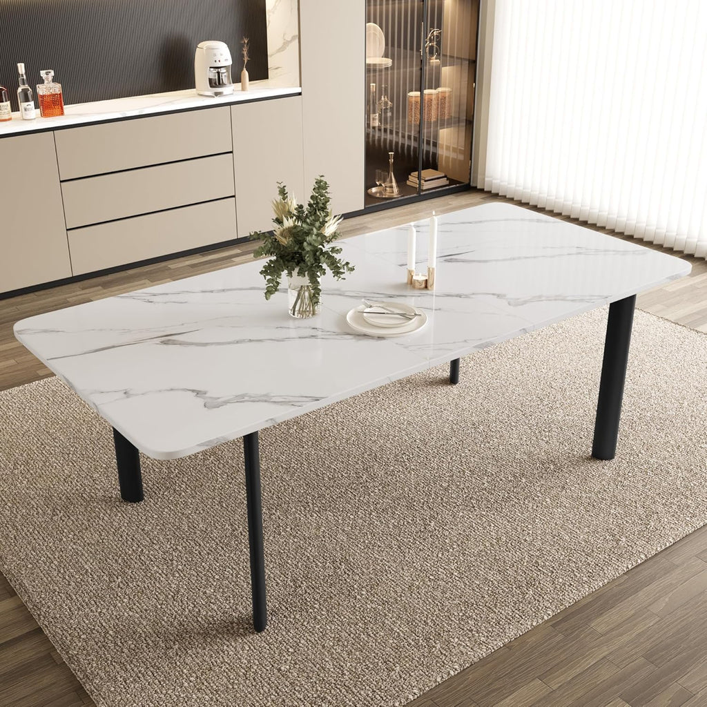 HIPIHOM Extendable Dining Table for 6-8 People, 63 to 78.7 Inch Rectangular Table, White MDF with Sturdy Metal Legs, Space-Saving for Dining Room, Kitchen, Small Spaces