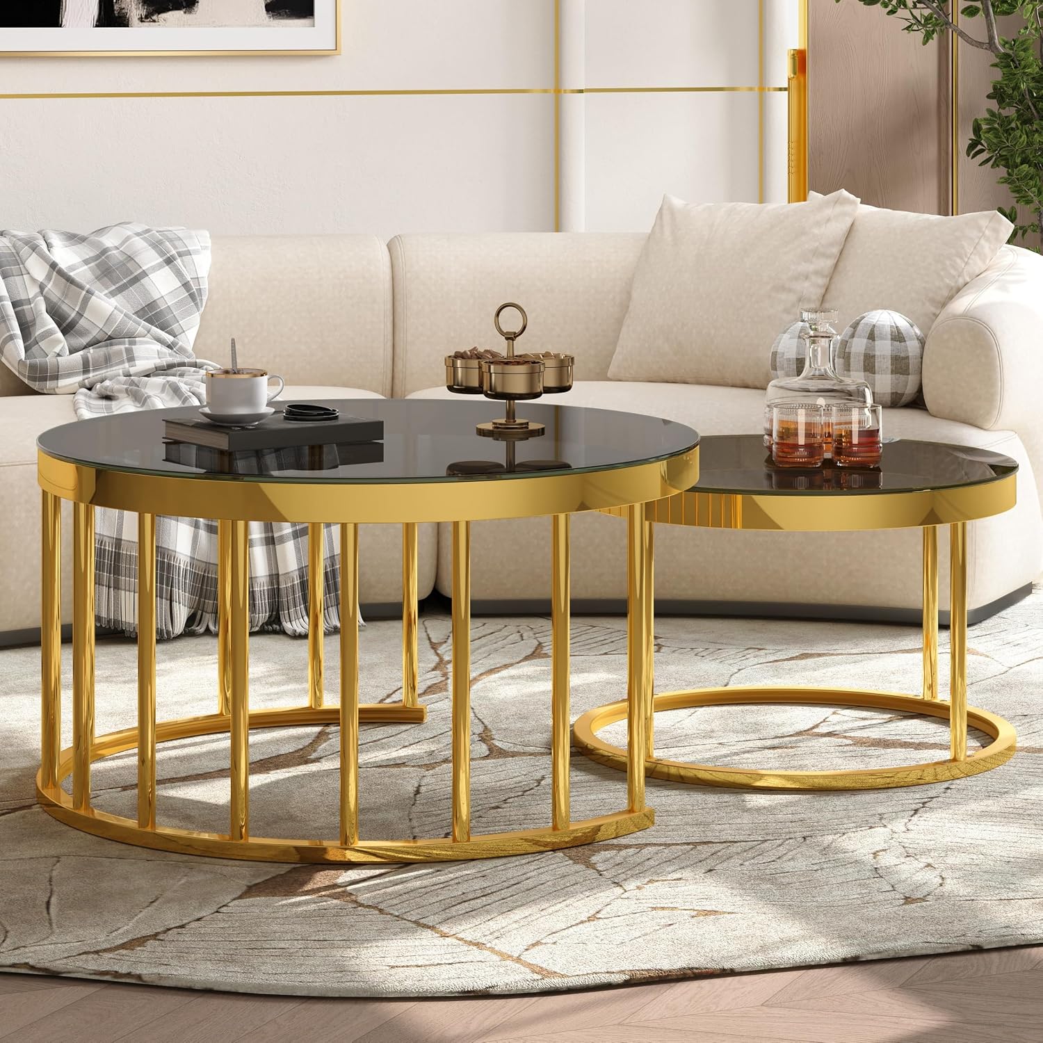Round Nesting Coffee Table Set of 2 with Gold Frame & Mirrored Top, Black | Modern Circular Cocktail Tables with Tempered Glass, Space-Saving for Living Room & Apartment