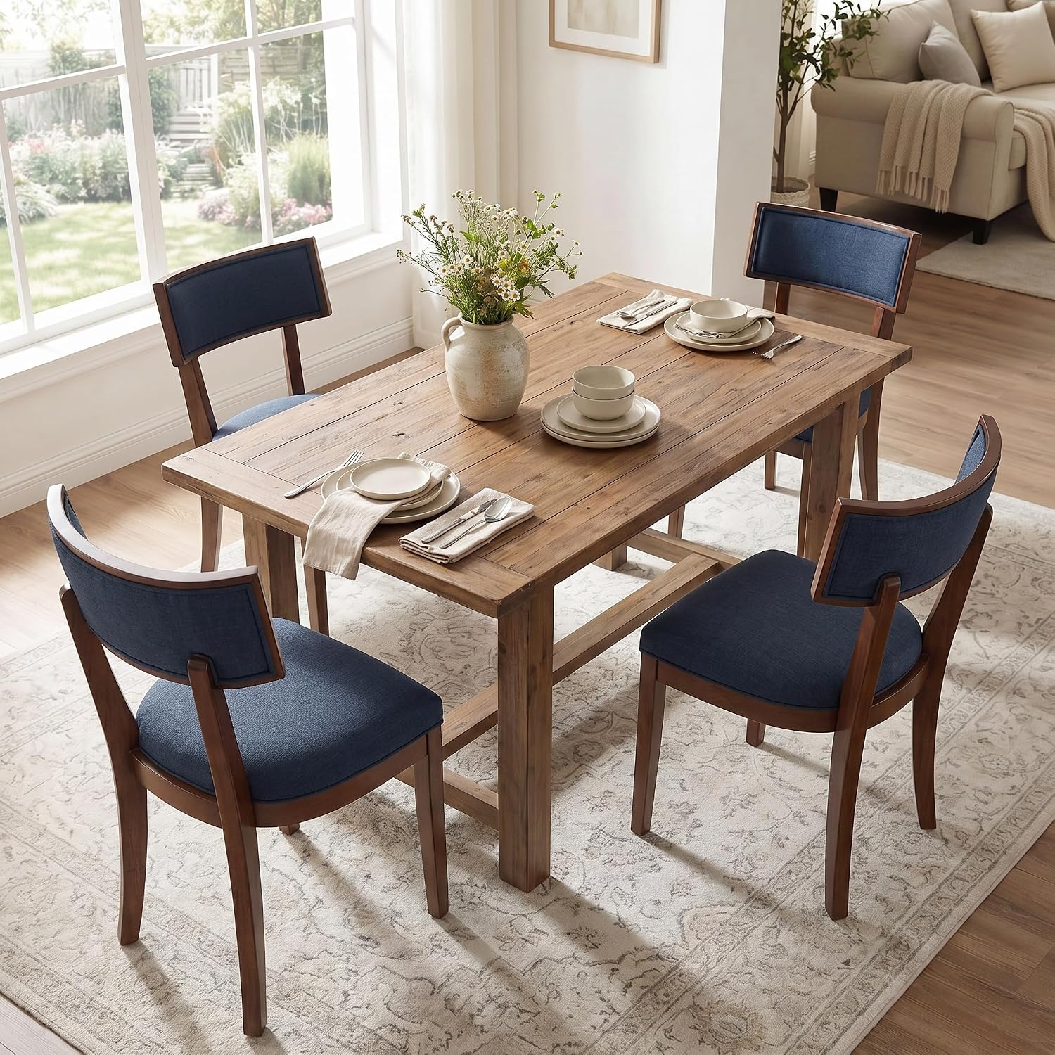 Blue Dining Chairs Set of 6, Upholstered Linen Fabric Dining Room Chairs with Curved Backrest, Armless Solid Wood Farmhouse Kitchen Side Chairs for Dining/Living Room, Blue