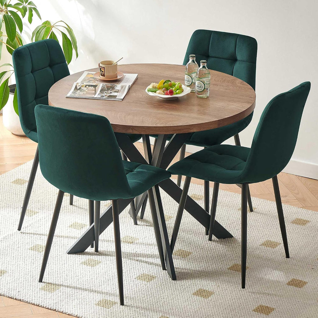 Homedot 37" Round Table Set for 4 Person, Modern Kitchen Table Set, Imitation Wood Dining Table with Space Saving Dining Chairs, Dark Green Velvet Side Chairs