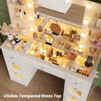 Makeup Vanity with 3-Color Lighted Mirror, Glass Top Makeup Desk with 7 Drawers, 4 Shelves, Built-in Power Outlet, Small Vanity Table for Women & Girls, White