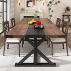 Hlivelood 71 Inch Dining Table for 6 People, Rectangular Kitchen Farmhouse Table W/Thickness Waterproof Wood Tabletop,Long Dining Room Tables W/Wood Strip Base for Kitchen Living Room(Brown&Black)