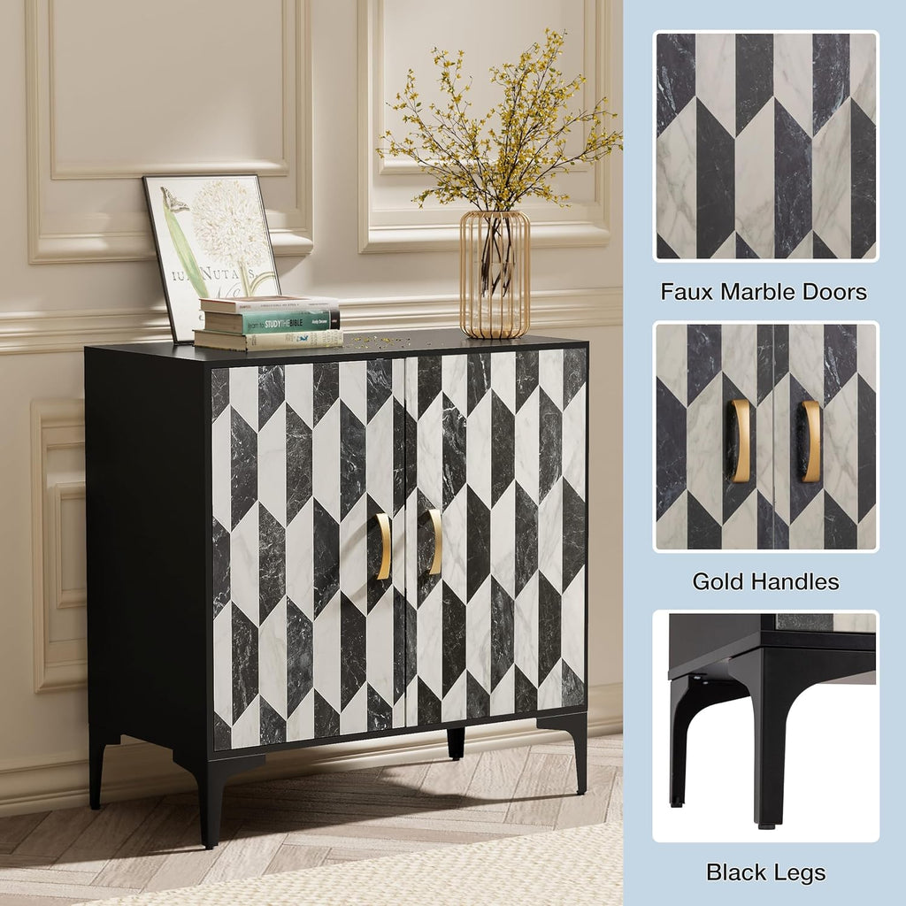 Anbuy Faux Marble Doors Sideboard Buffet Cabinbet with Storage Dining Room Buffet Cupboard Console Table Hallway, Liquor/Accent Cabinet/Geometric Cabinet, 30.7 X 15.75X 31.5 Inches(Black)