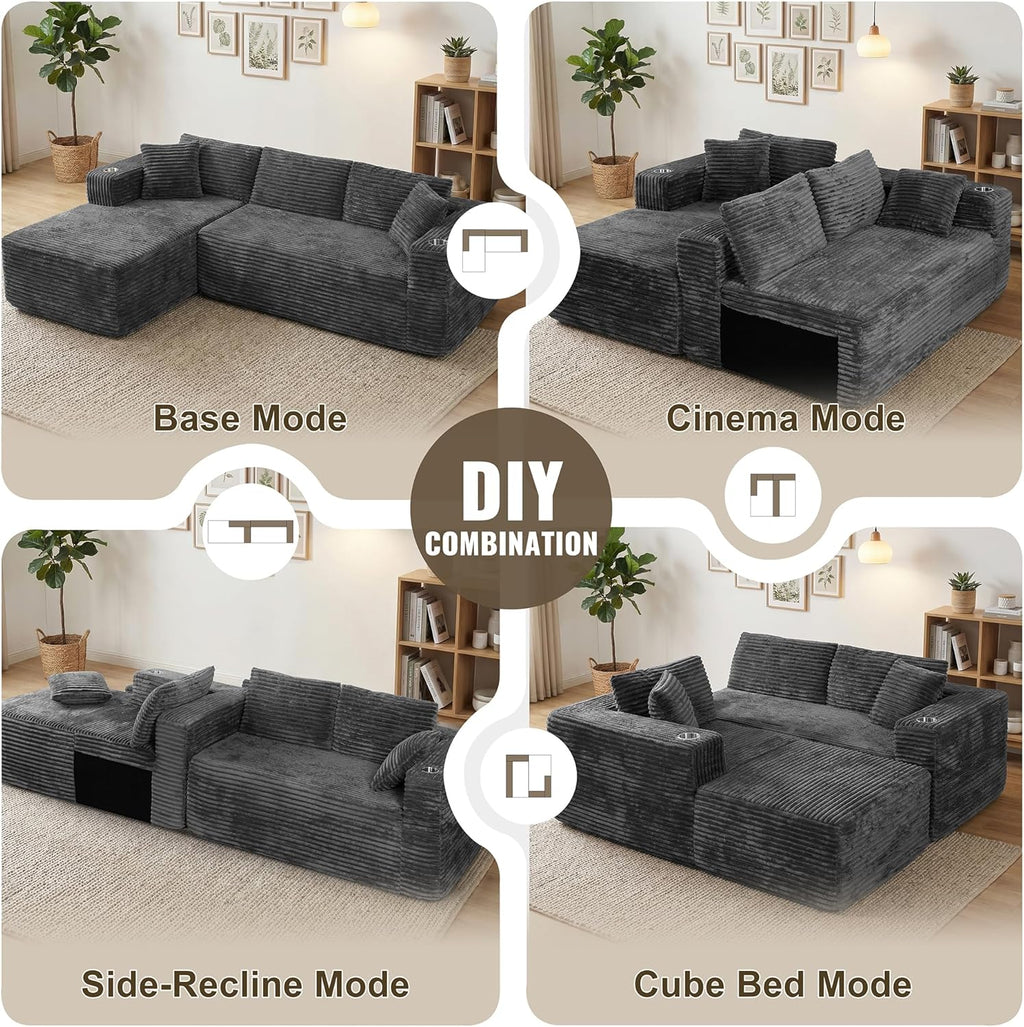 Shintenchi 103" Couches for Living Room with 2 Cup Holders,L Shaped Modular Sectional Sofa Set,No Assembly Needed Plush Corduroy Living Room Set,Dark Gray