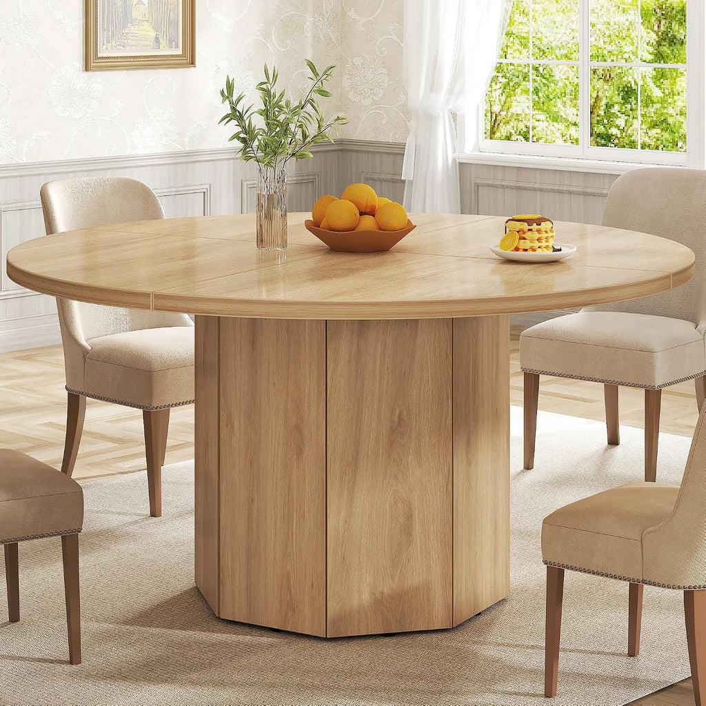 HSH 47” Round Dining Table for 4, Modern Farmhouse Wood Dinner Table with Octagon Pedestal Base, Circular Kitchen Dining Room Table for Home Apartment Living Room, Light Oak