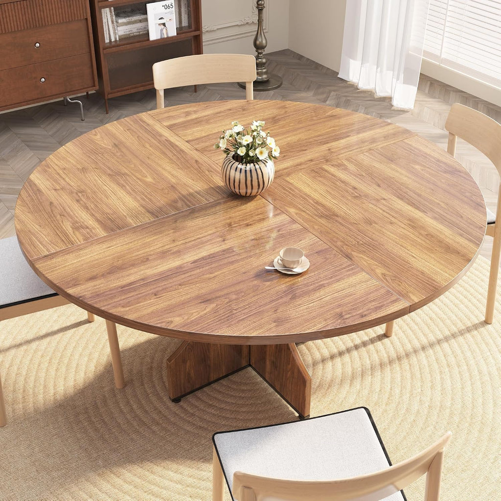 Round Dining Table 47 Inch for 4-6 People, 0.98 Inch Thick Tabletop with Adjustable Feet, Sturdy Legs, Easy to Clean & Assemble, Modern Kitchen Dining Room Table for Small Space Apartment, Walnut Wood