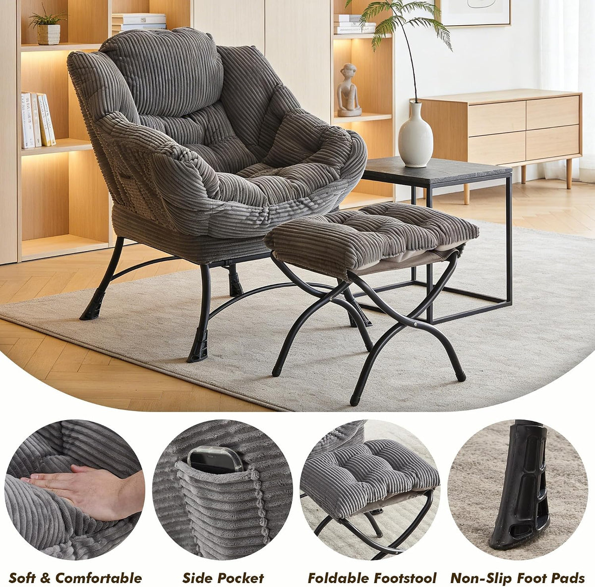 QQU Accent Chair wiht Ottoman for Bedroom (Grey) | Corduroy Reading Chair with Footrest, Comfy Lounge Armchair for Living Room, Reading Room