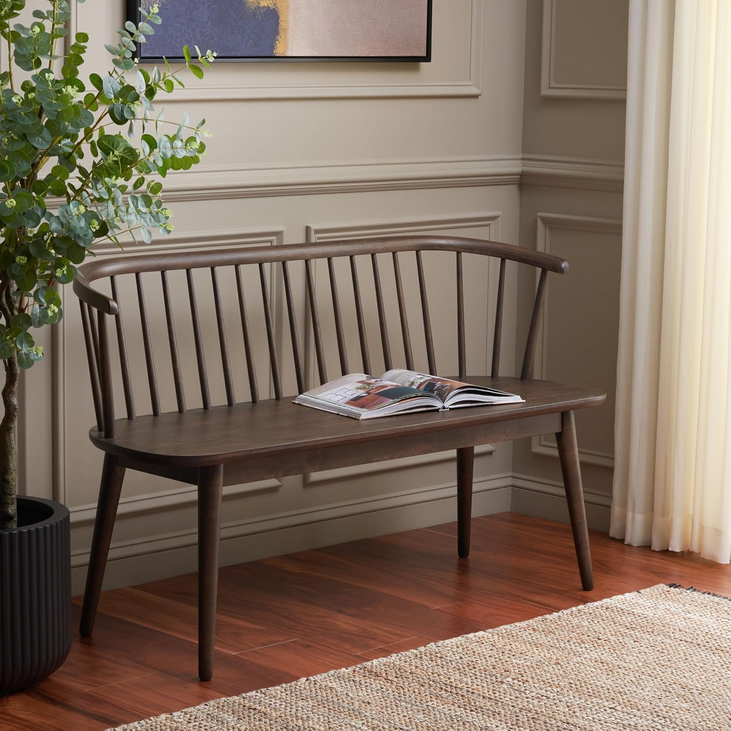 SAFAVIEH Furniture - Blanchard Spindle Bench - Dark Walnut - Solid Wood - Classic Windsor Design - Ideal for Entryway, Bedroom, Dining Room, 17.8" Seat Height (BCH8500G)