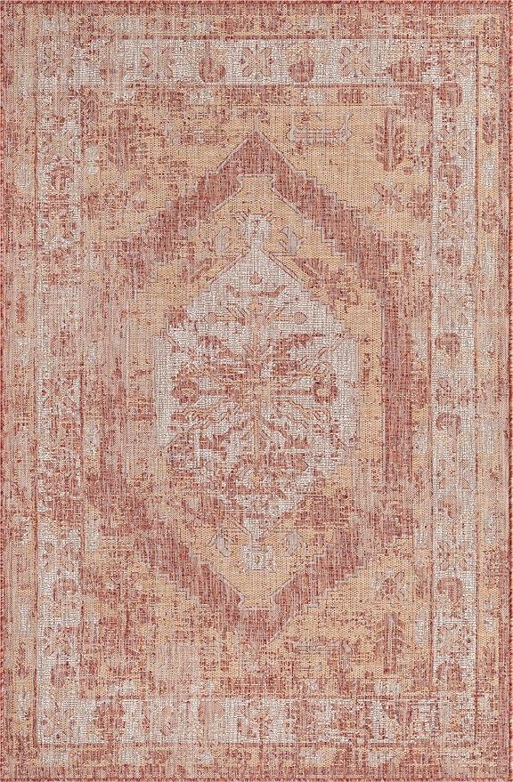 Unique Loom Outdoor Traditional Collection Area Rug - Valeria (5' 3" x 7' 10" Rectangle, Rust Red/ Ivory)