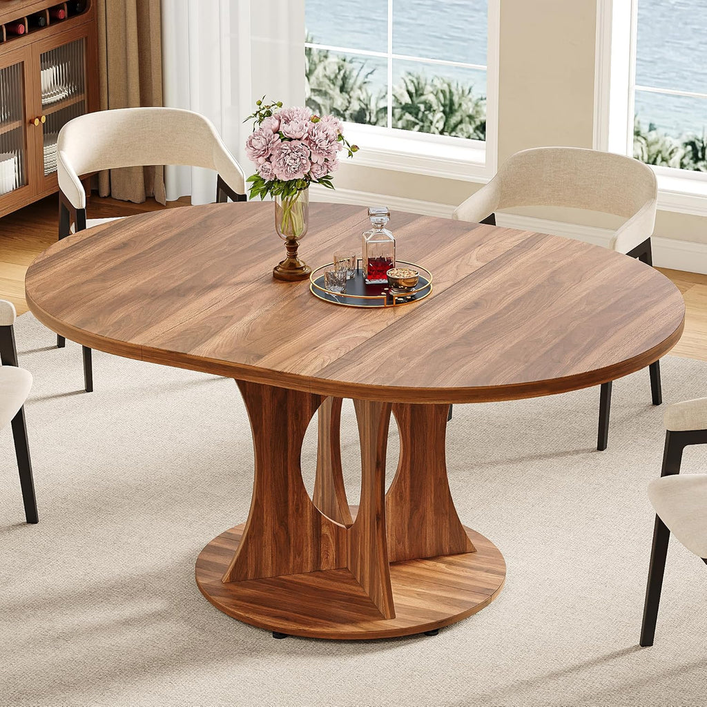 iPormis 43.3-59 Inch Extendable Round Dining Table for 6-8 People, Oval Dinner Table with Adjustable Top and A Stable Round Pedestal Base, Space Saving Wooden Kitchen and Dining Table, Walnut