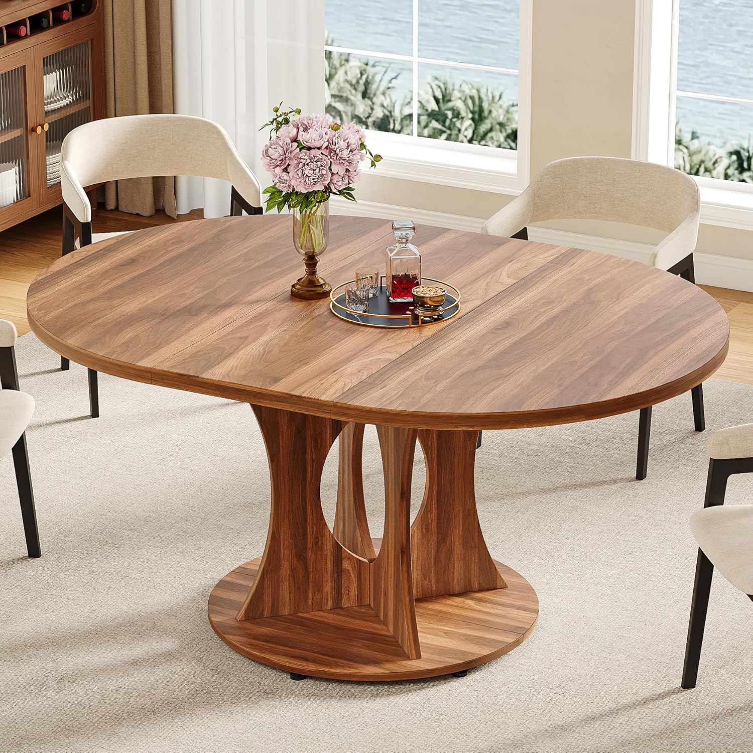 iPormis 43.3-59 Inch Extendable Round Dining Table for 6-8 People, Oval Dinner Table with Adjustable Top and A Stable Round Pedestal Base, Space Saving Wooden Kitchen and Dining Table, Walnut