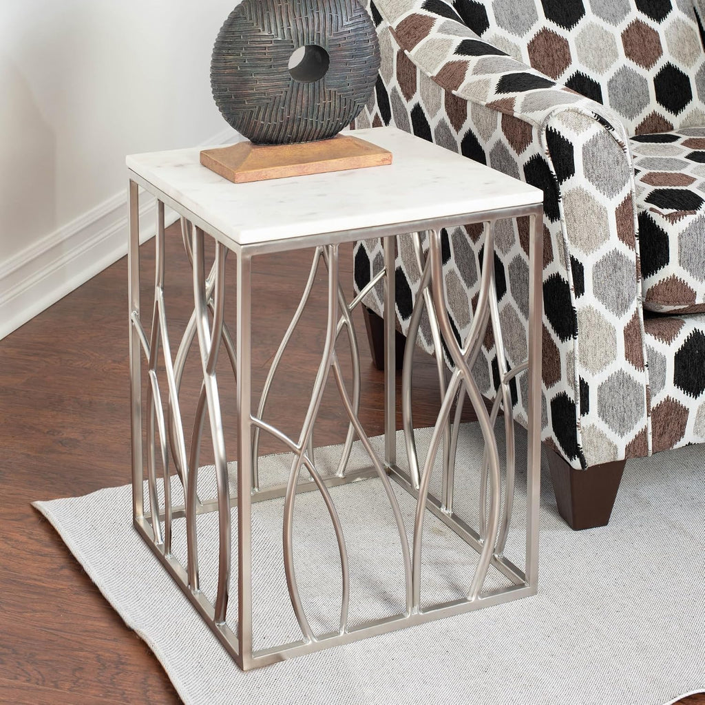 Penau Square Marble End Table, White Marble Top with Natural Gray Veins, Polished Stainless Steel Base with Organic Curves, Dimensions 18W x 18D x 22.5H Inches, Fully Assembled