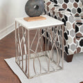 Penau Square Marble End Table, White Marble Top with Natural Gray Veins, Polished Stainless Steel Base with Organic Curves, Dimensions 18W x 18D x 22.5H Inches, Fully Assembled