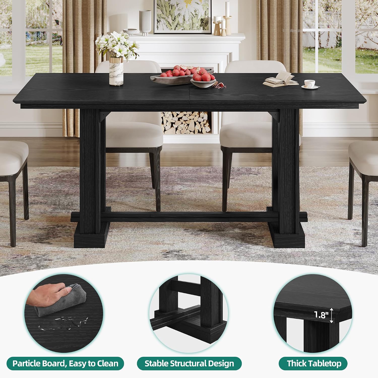 YITAHOME 70" Dining Table for 6–10 People, Farmhouse Rectangular Kitchen Table with Thick Base for Dining Room, Living Room, and Kitchen, Black