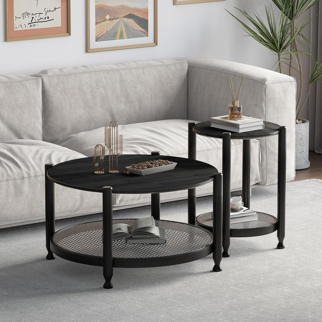 Farmhouse Round Nesting Coffee Table Set of 2, Solid Wood Round Coffee Table and End Table Set with Woven Rattan Storage Shelf, Black