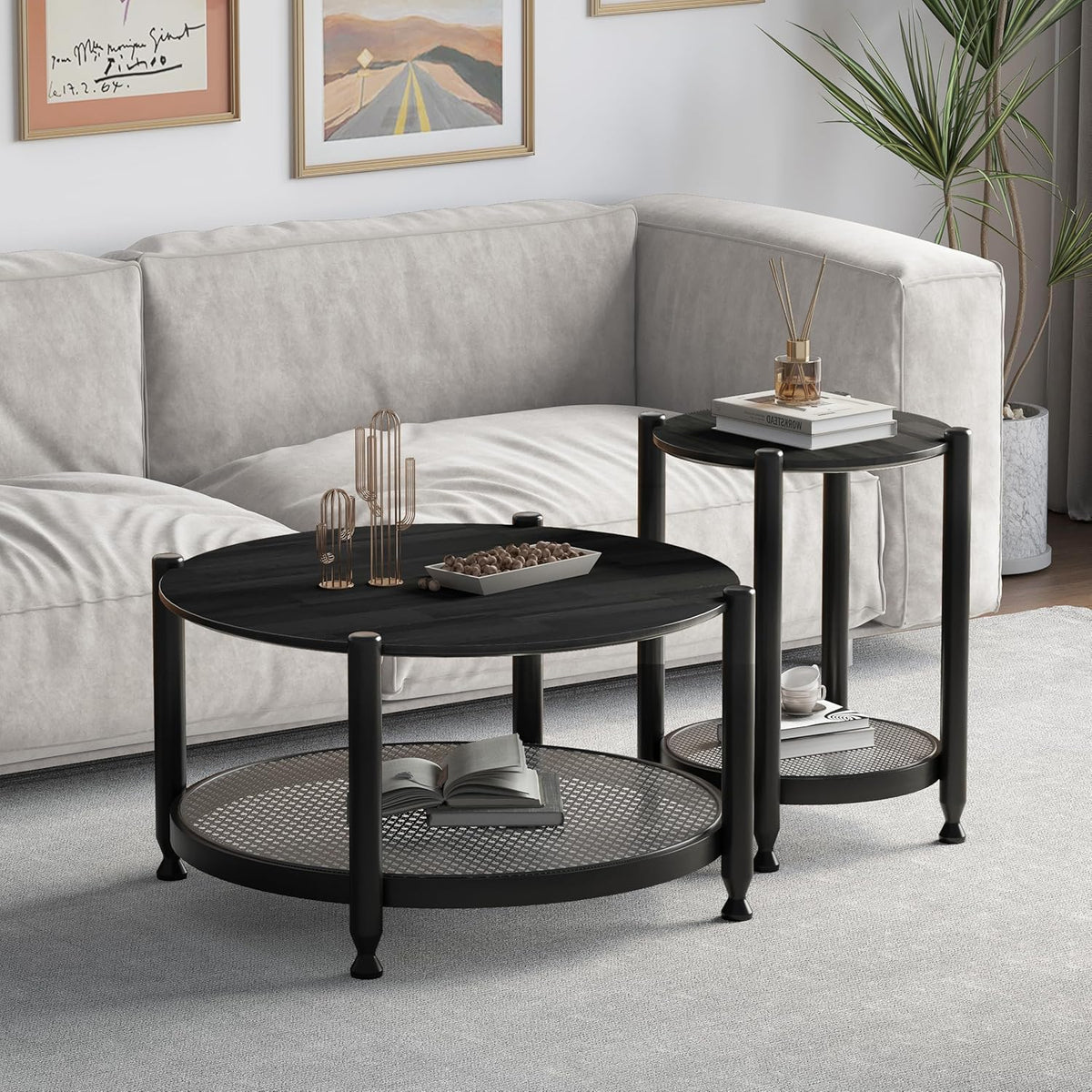 Farmhouse Round Nesting Coffee Table Set of 2, Solid Wood Round Coffee Table and End Table Set with Woven Rattan Storage Shelf, Black