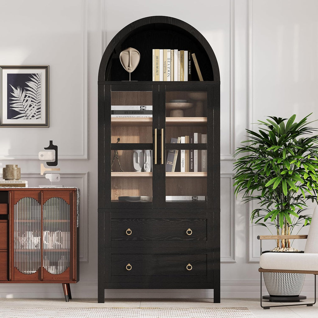 71" Tall Arched Kitchen Pantry Cabinet with 2 Drawers & Glass Doors, Modern Farmhouse Freestanding Storage Cabinet with Adjustable Shelves for Kitchen, Dining Room, Home Organizer(Black)