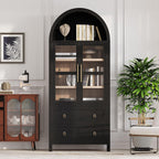 71" Tall Arched Kitchen Pantry with Glass Doors and 2 Large Drawers, Farmhouse Kitchen Storage Cabinet with Adjustable Shelves, Wood Versatile Cupboard for Dining Room (Black-3.12)