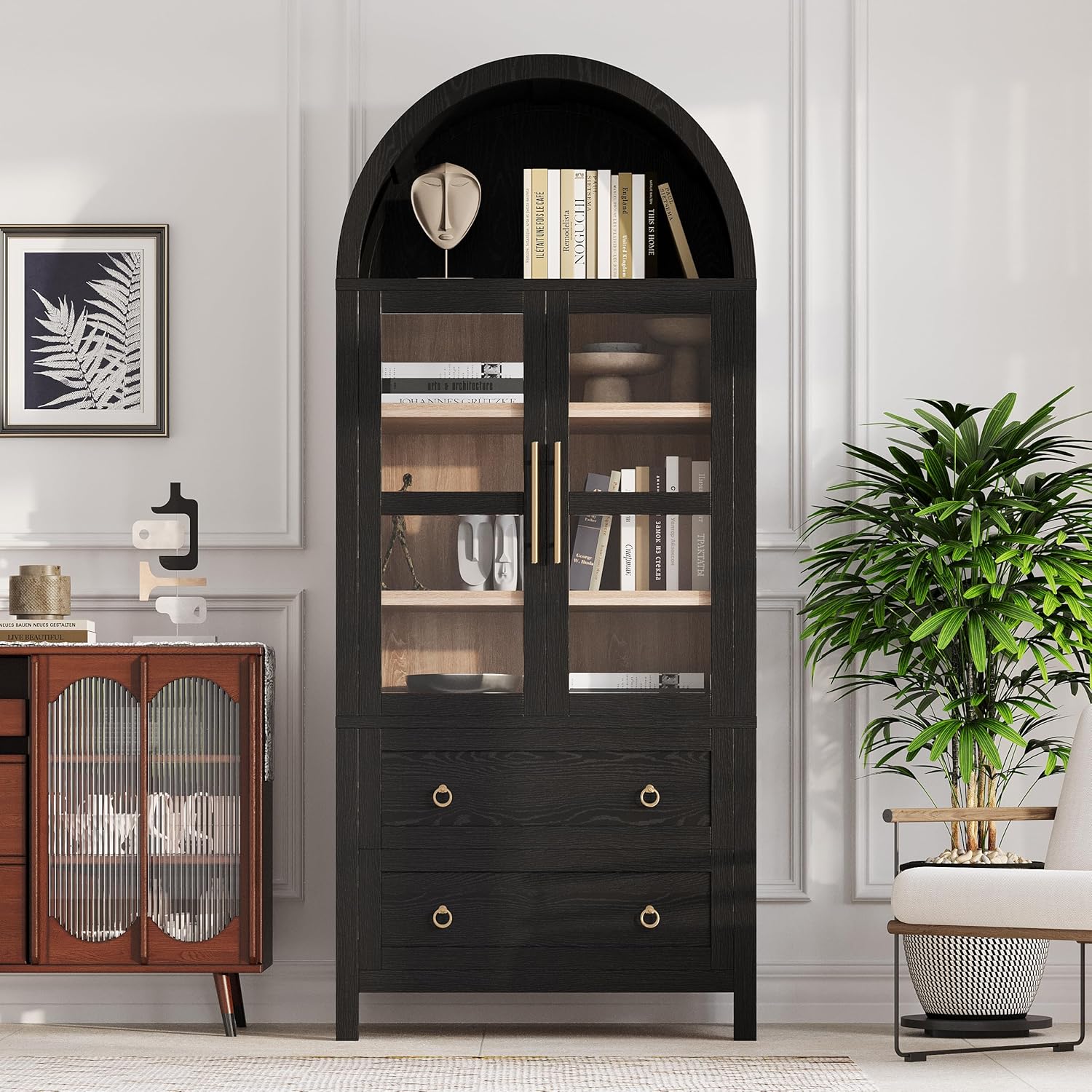 71" Tall Arched Kitchen Pantry with Glass Doors and 2 Large Drawers, Farmhouse Kitchen Storage Cabinet with Adjustable Shelves, Wood Versatile Cupboard for Dining Room (Black-3.12)