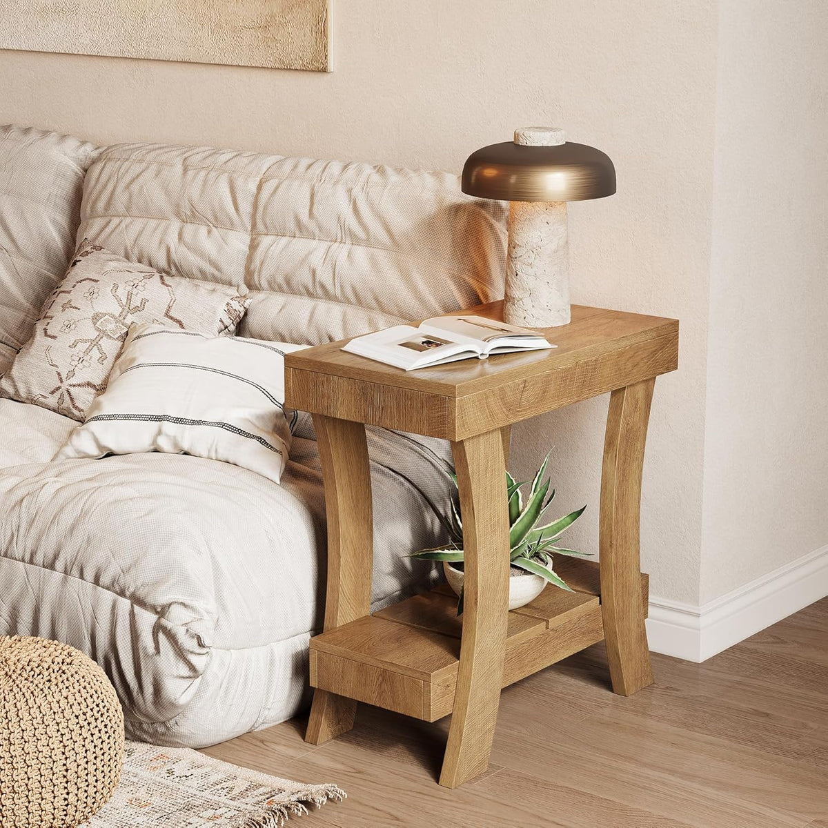 LITTLE TREE Narrow Side Table with Storage Shelf, 2-Tier Rectangular End Table with Wood Legs, Small Night Stand for Bedroom, Living Room, Small Spaces, 11.81" D x 23.62" W x 23.62" H