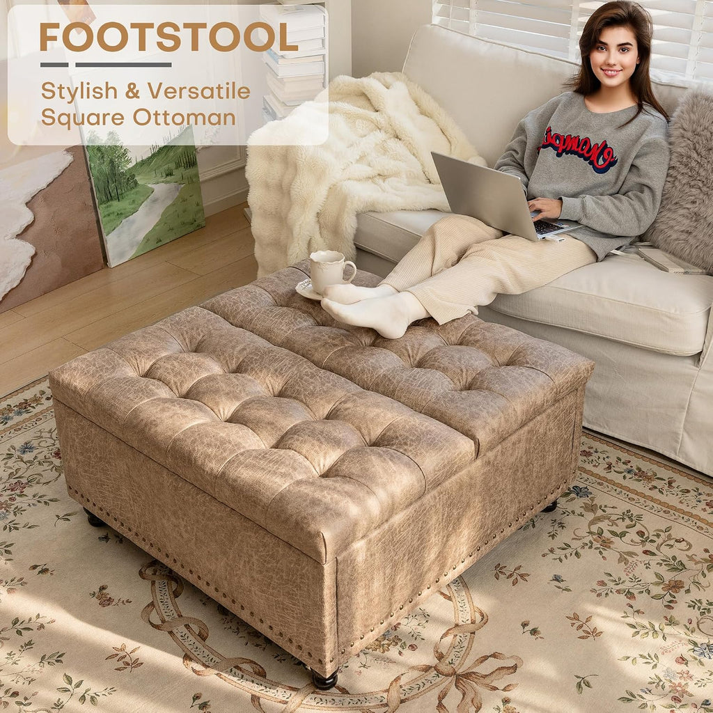Redlife 35 Inch Large Square Storage Ottoman, Coffee Table Ottoman, Faux | Lift Top Ottomans Bench Square Footrest Oversized Upholstered Coffee Table for Living Room Bedroom Faux Leather (Champagne)