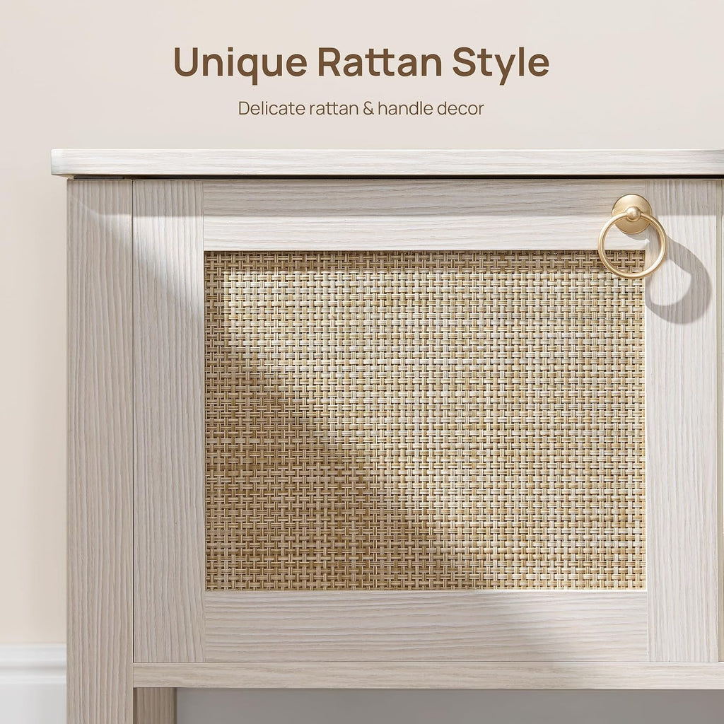 SICOTAS Rattan Shoe Rack Bench with Lift Top Storage: White Farmhouse Boho Shoe Cabinet Entryway Bench with Safety Hinges, Wooden Storage Chest for Bedroom, Entryway, Hallway, Living Room