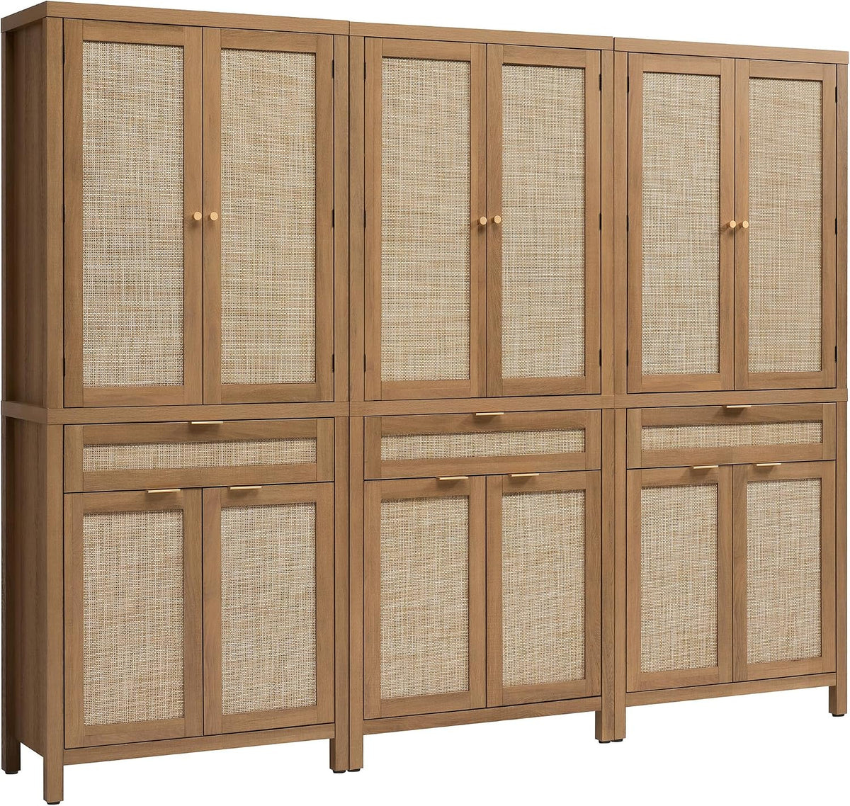 SICOTAS 72 inch Rattan Buffet Cabinet with Drawer, 4 Doors : Pantry Cabinet | 3 Pieces Tall Storage Cabinet, Farmhouse Boho Freestanding Cupboard Pantry with Storage for Living Room, Dining Room