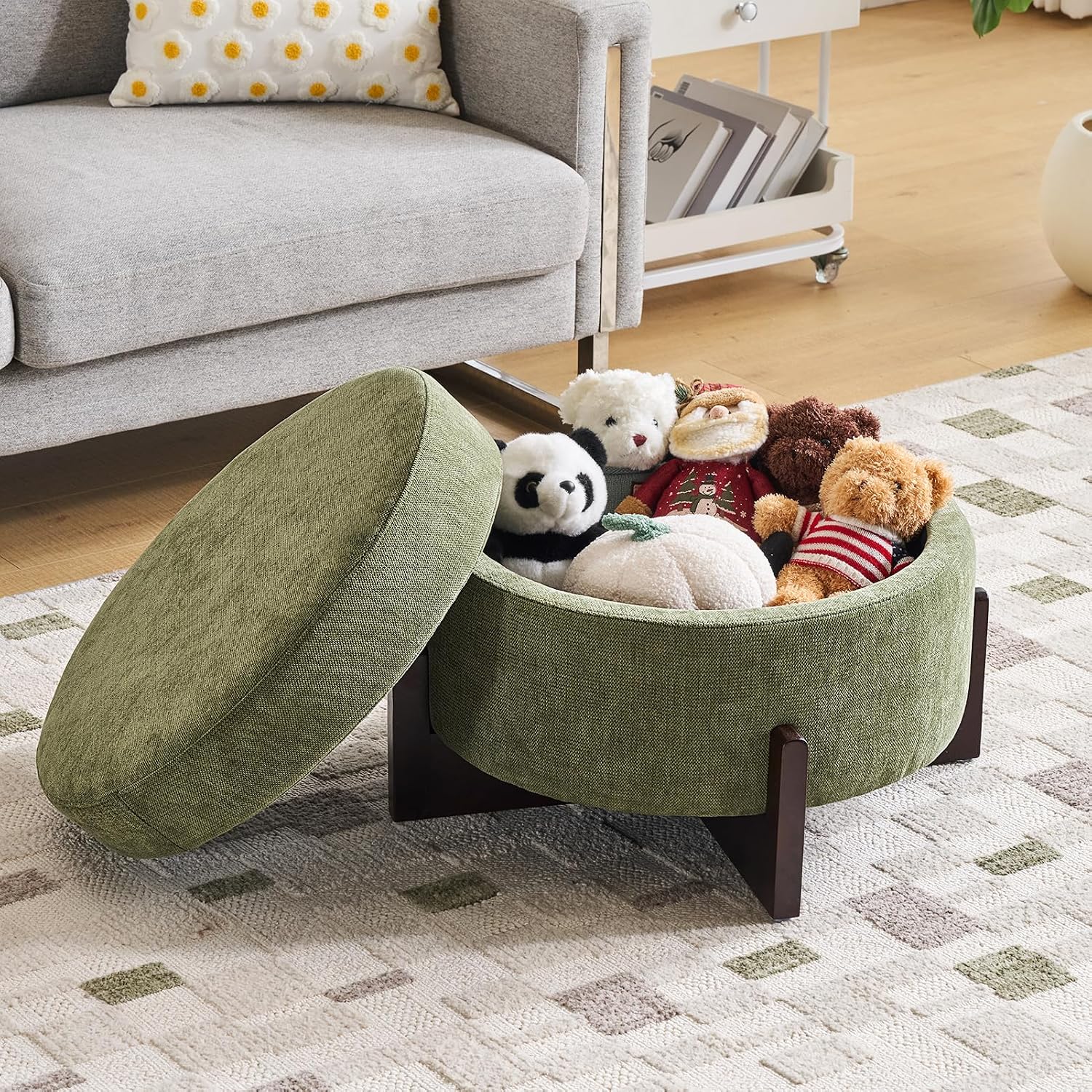 26Inch Round Storage Ottoman, Modern Chenille Upholstered Ottoman with Storage, Ottoman Coffee Table with Removable Top, Footrest Stool for Living Room, Bedroom (Green)