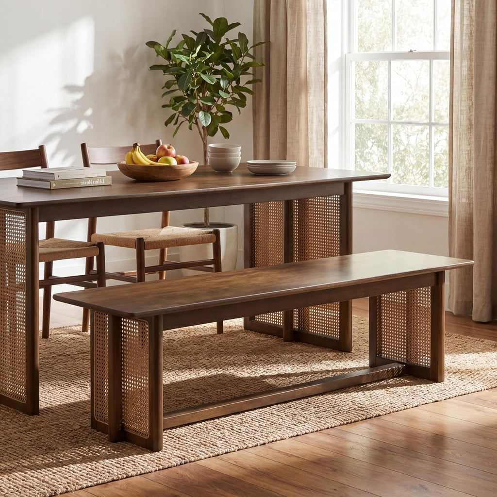 Merax Rustic Rubber Wood 59.06''L Rectangular Dining Bench with Rattan Accents Legs, Large Rectangular Kitchen Bench Fits up to 3 People, Easy Assemble, Walnut