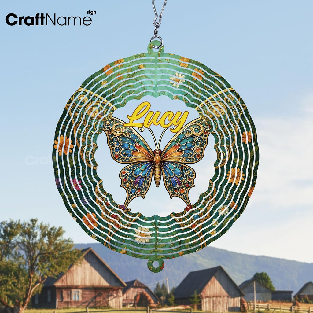 Personalized Butterfly Wind Spinner 3D Stainless Steel, Butterfly Garden Spinner Hanging Outdoor Decor, Wind Spinners Outdoor, Custom Gift for Grandmother, Mom, Wife