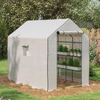 Outsunny 4.6' x 4.7' Portable Greenhouse, Water/UV Resistant Walk-in Small Outdoor Green House with 2 Tier U-Shaped Flower Rack Shelves, Roll Up Door & Windows, White