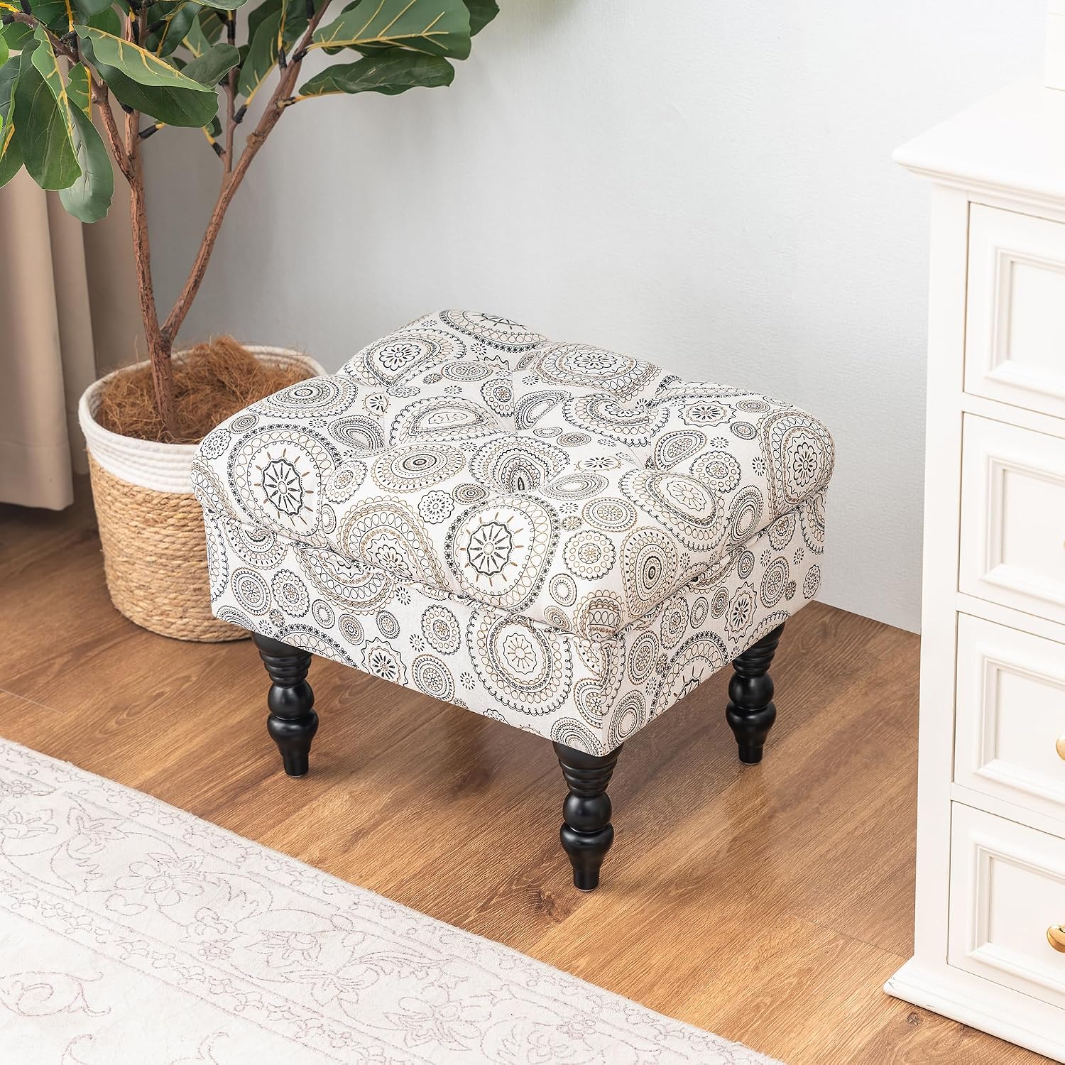 Adeco 20-inch Tufted Ottoman Stool with Wood Legs, Upholstered Foot Rest for Living Room & Bedroom, Mid-Century Boho Accent Stool, Teal Paisley Floral