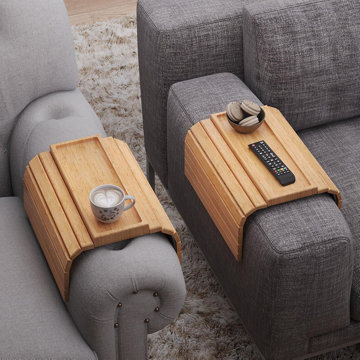 2 Pack Sofa Arm Tray,Bamboo Folding Couch Arm Tray,Sofa Armrest Tray with Anti-Slip Pad for Drinks,Snacks,Phone,Remote Control（Natural）