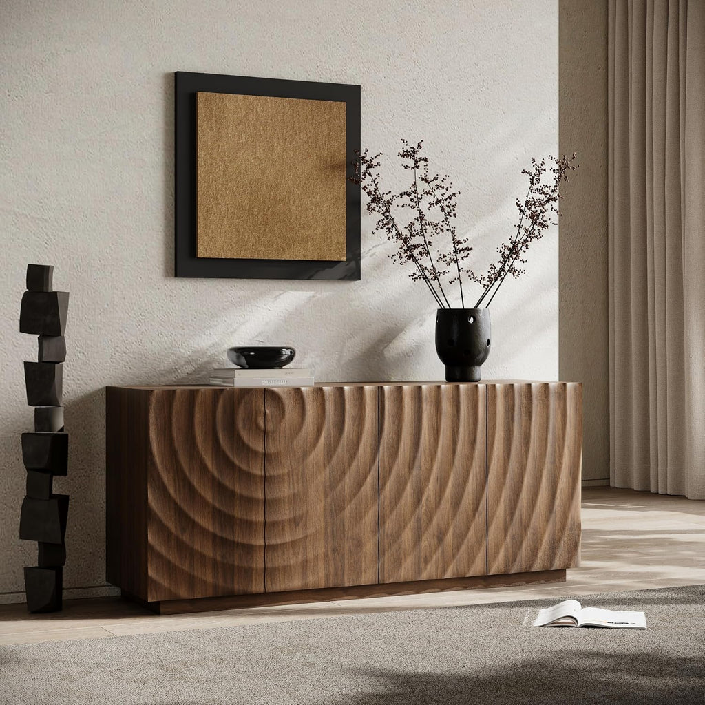 4-Door Sideboard Buffet Cabinet, 59'' Wood Kitchen Storage Cabinet Sideboard with Water Ripple Doors & Suspended Base, 2 Tiers Mid Century Modern TV Stand for Living Dining Room, Walnut