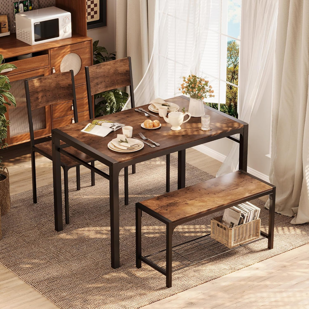Shahoo Kitchen Table and 2 Chairs for 4 with Bench, 4 Piece Dining Sets for Small Space,Deep Brown