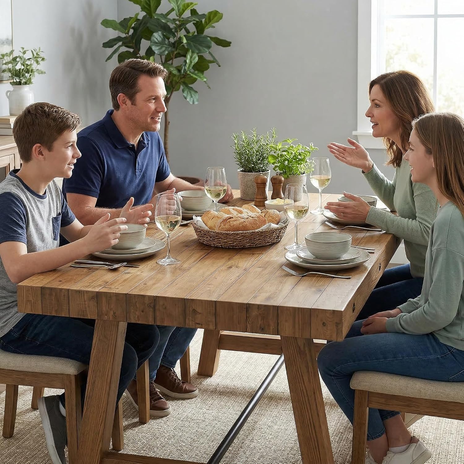 chairus 59'' Farmhouse Dining Table, Solid Wood Rustic Kitchen Table with Metal Stretcher, Large Rectangular Wooden Dining Room Table for Living Room/Home Office, Easy Assembly, Light Walnut