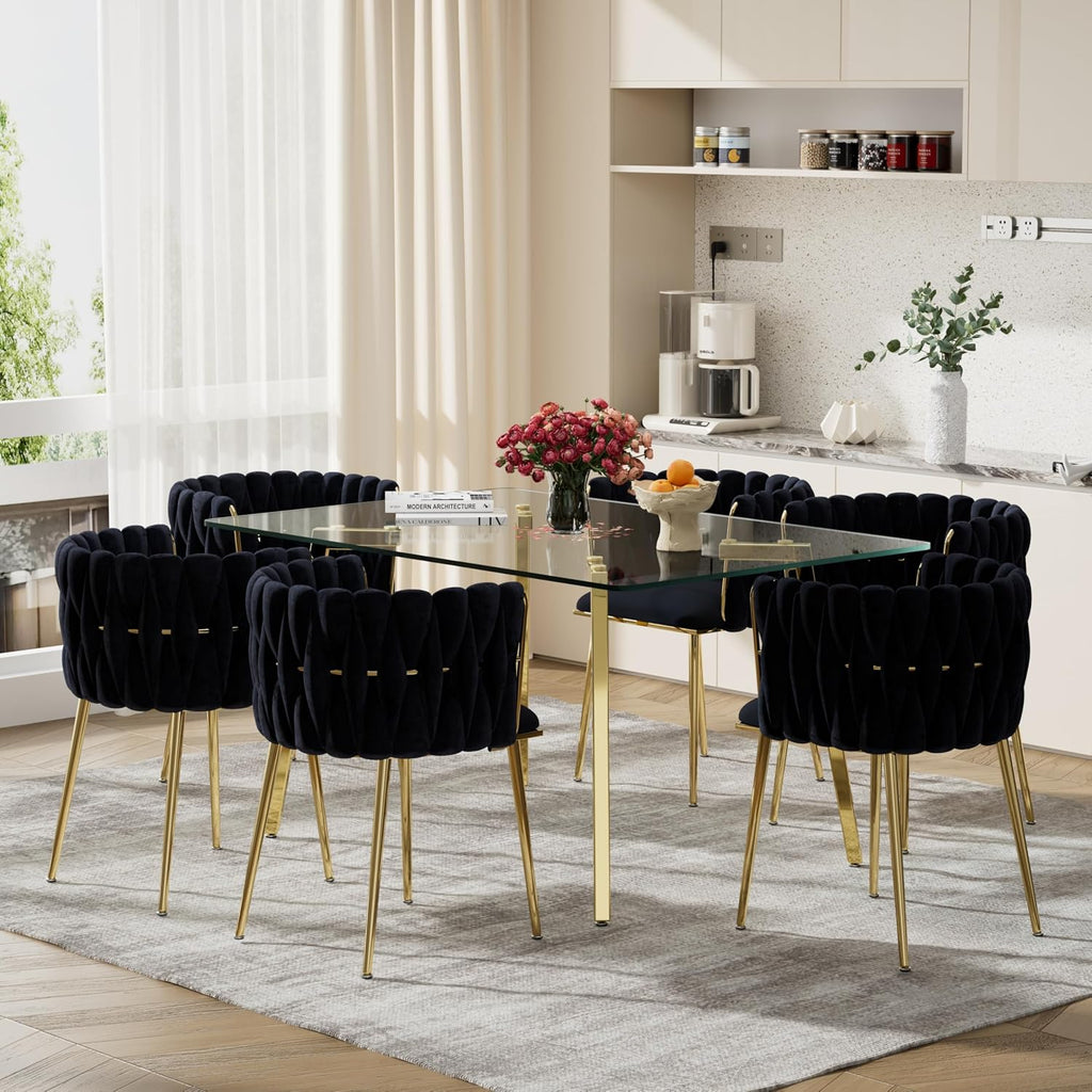 Modern Gold Glass Dining Table Set for 6, 51'' Clear Minimalist Glass Top Rectangular Dinner Table Set, 7 PCS Small Luxury Kitchen Table Set, Black Woven Chair for Home Living Room Apartment