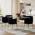 Modern Gold Glass Dining Table Set for 6, 51'' Clear Minimalist Glass Top Rectangular Dinner Table Set, 7 PCS Small Luxury Kitchen Table Set, Black Woven Chair for Home Living Room Apartment