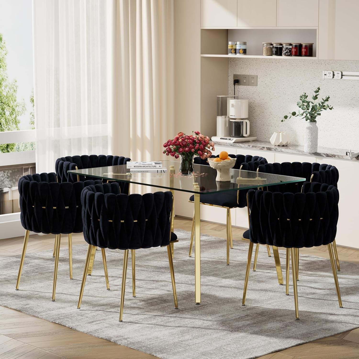 Modern Gold Glass Dining Table Set for 6, 51'' Clear Minimalist Glass Top Rectangular Dinner Table Set, 7 PCS Small Luxury Kitchen Table Set, Black Woven Chair for Home Living Room Apartment