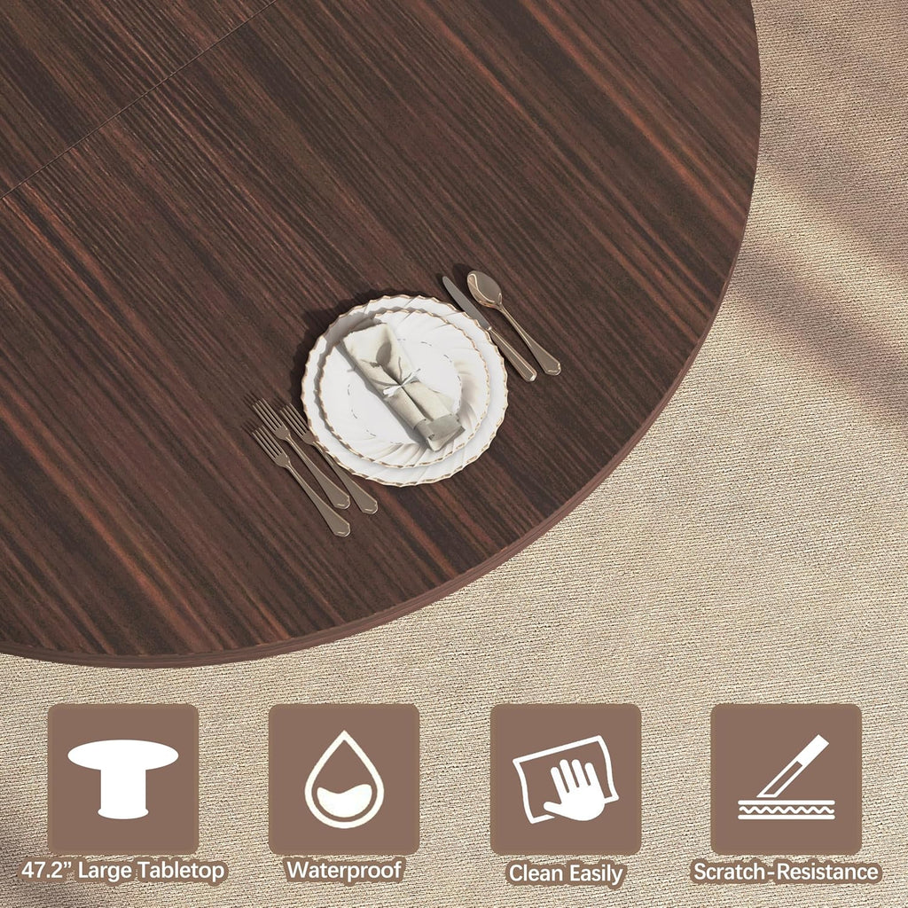 47.2"–63" Extendable Dining Room Table for 4–8, Round‑to‑Oval Expandable Wood Table with Dust‑Proof 2‑Tier Storage Shelf, Space‑Saving Modern Farmhouse Centerpiece for Living Room, Black Walnut