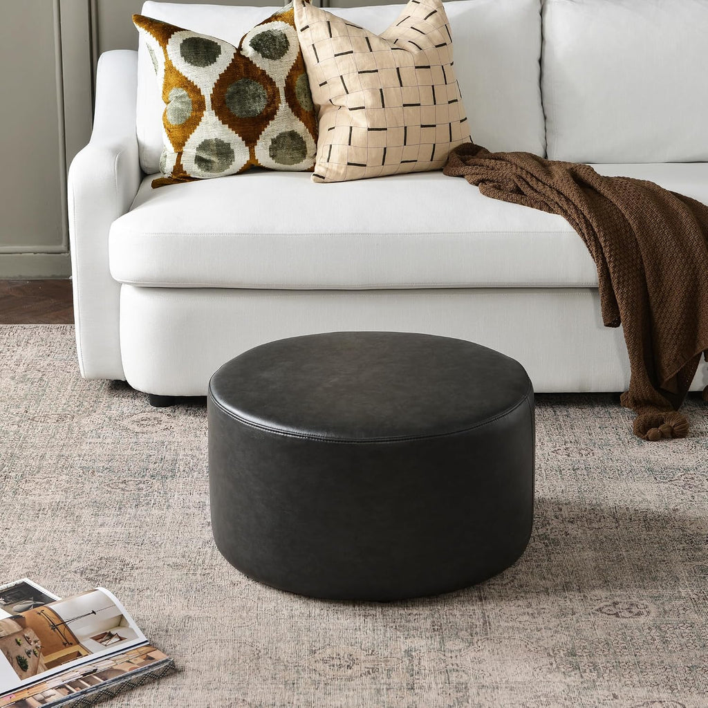 KINWELL Modern Faux Leather Round Upholstered Ottoman, Multi-Functional Sofa Footrest, Side Table, Extra Seating for Living Room, Bedroom (Black, 24" D x 24" W x 13" H)