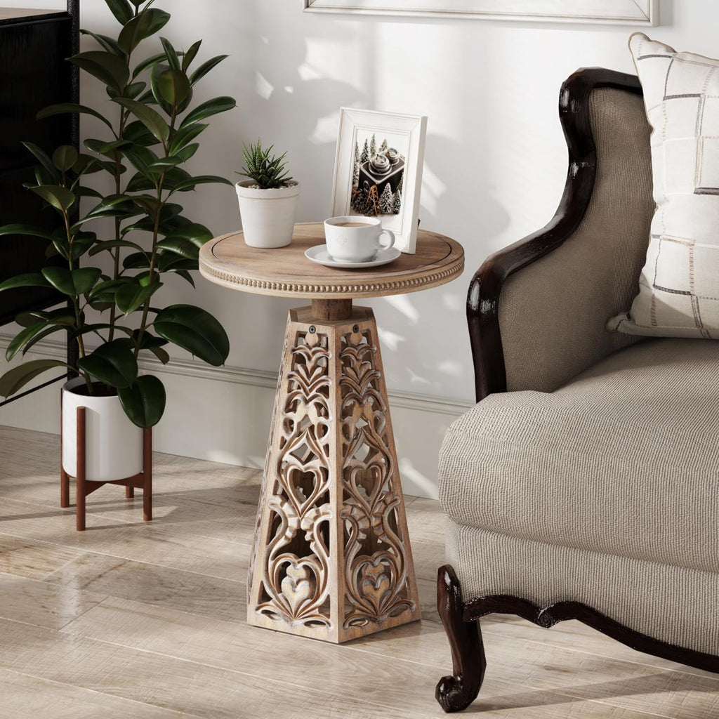 COZAYH Rustic Farmhouse Wooden End Table, Distressed Round Accent Table with Intricate Carved Floral Patterns, Boho, for Living Room, Bedroom, or Entryway, Distressed Wood Color