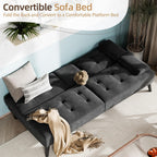 Shintenchi 64" Futon Sofa Bed, Velvet Foldable Couch, Upholstered Loveseat Sofa Couch with Folding Cup Holders, Reclining Sleeper with Removable Armrests for Home, Office, Black