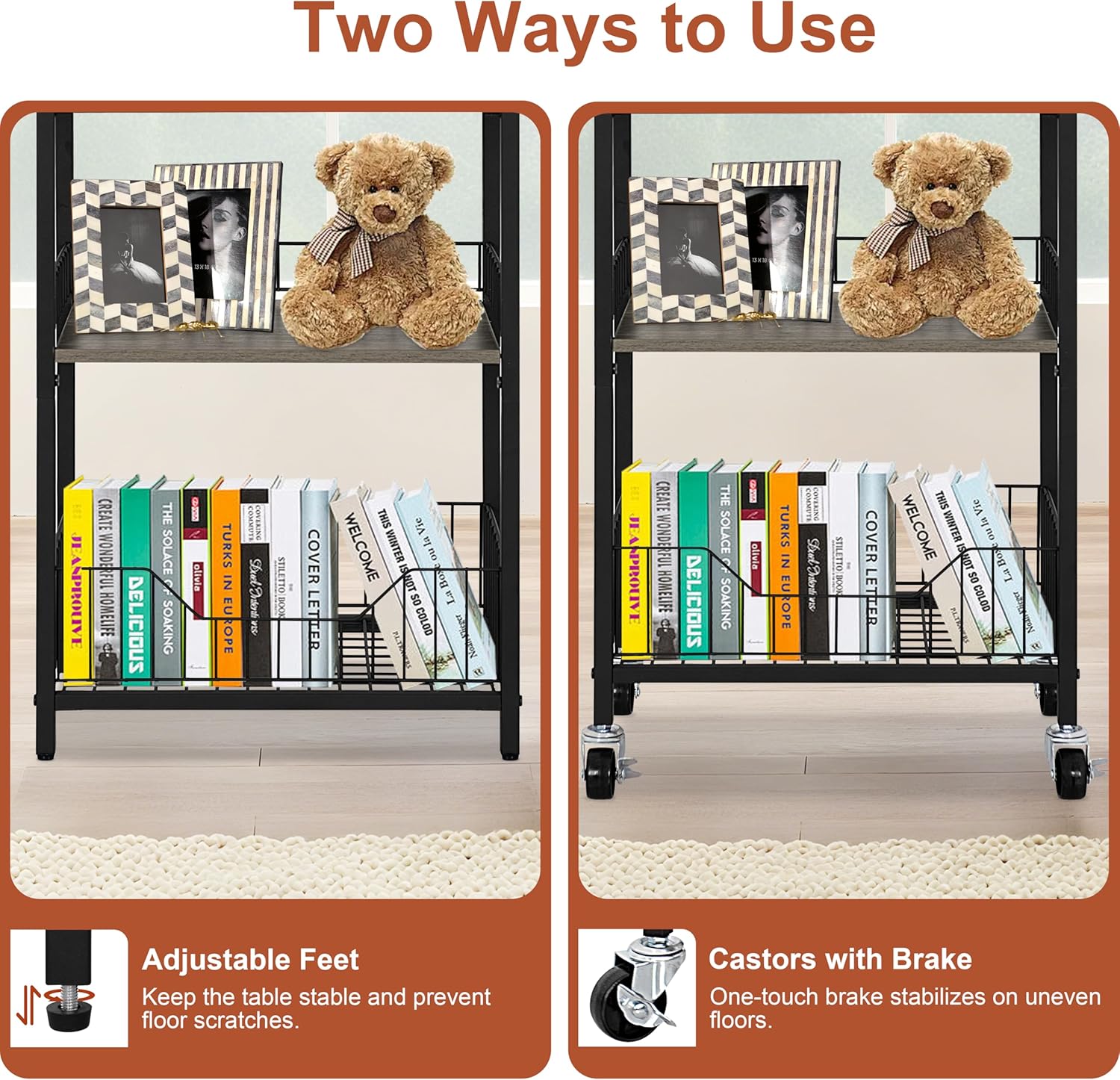 Tall Side Table with Drawer and Shelves, Narrow End Table with Optional Wheels, 4-Tier Small Side Table, 30" High for Living Room, Bedroom, Bathroom, Black & Grey