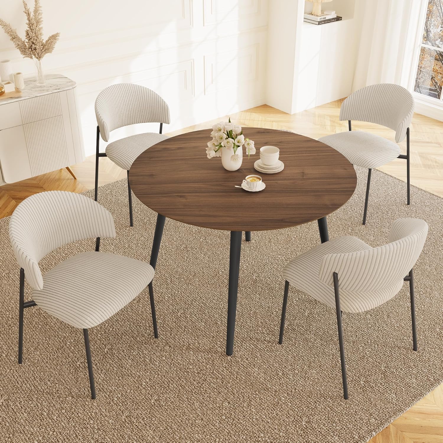 HIPIHOM Round Dining Table Set, Walnut Table with 4 Corduroy Beige Chairs | 43.3 Inch MDF Tabletop, Steel Legs with Non-Slip Pads, Space-Saving for Kitchen, Dining, Apartment