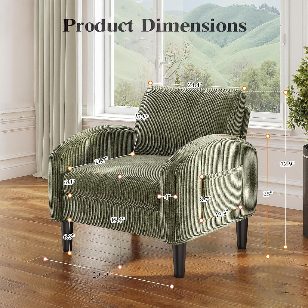 Homkdom Accent Chair with Side Pockets & Ergonomic Backrest,Green | Corduroy fabric, 6.3" thick cushion with pocket coil springs. Solid wood frame, 300 lbs capacity. Fits any small space.