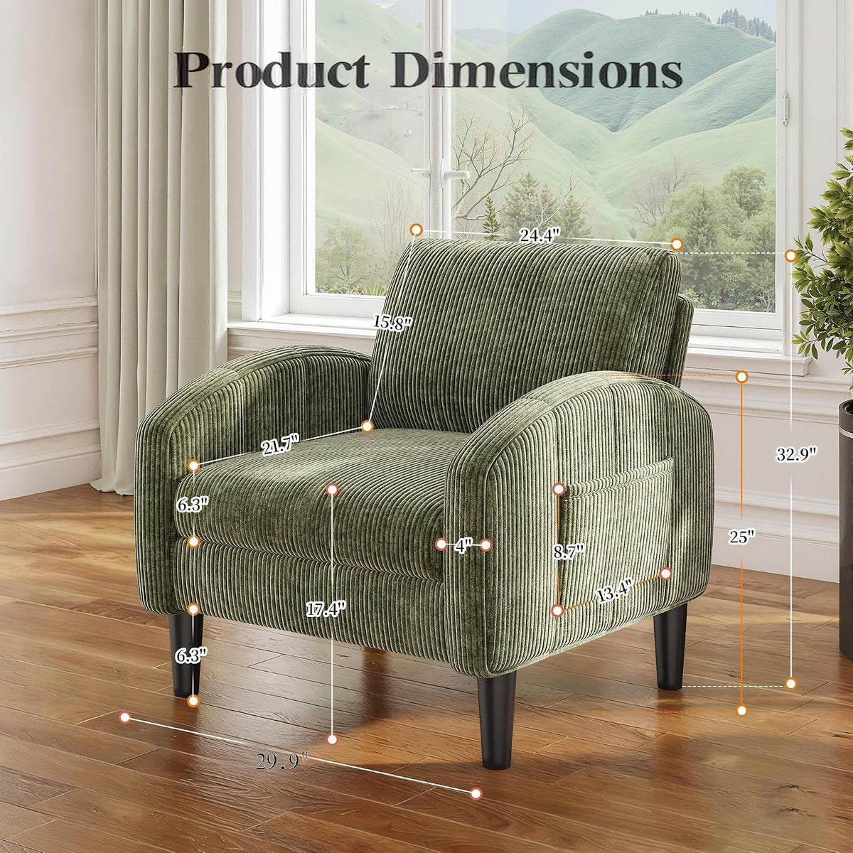 Homkdom Accent Chair with Side Pockets & Ergonomic Backrest,Green | Corduroy fabric, 6.3" thick cushion with pocket coil springs. Solid wood frame, 300 lbs capacity. Fits any small space.