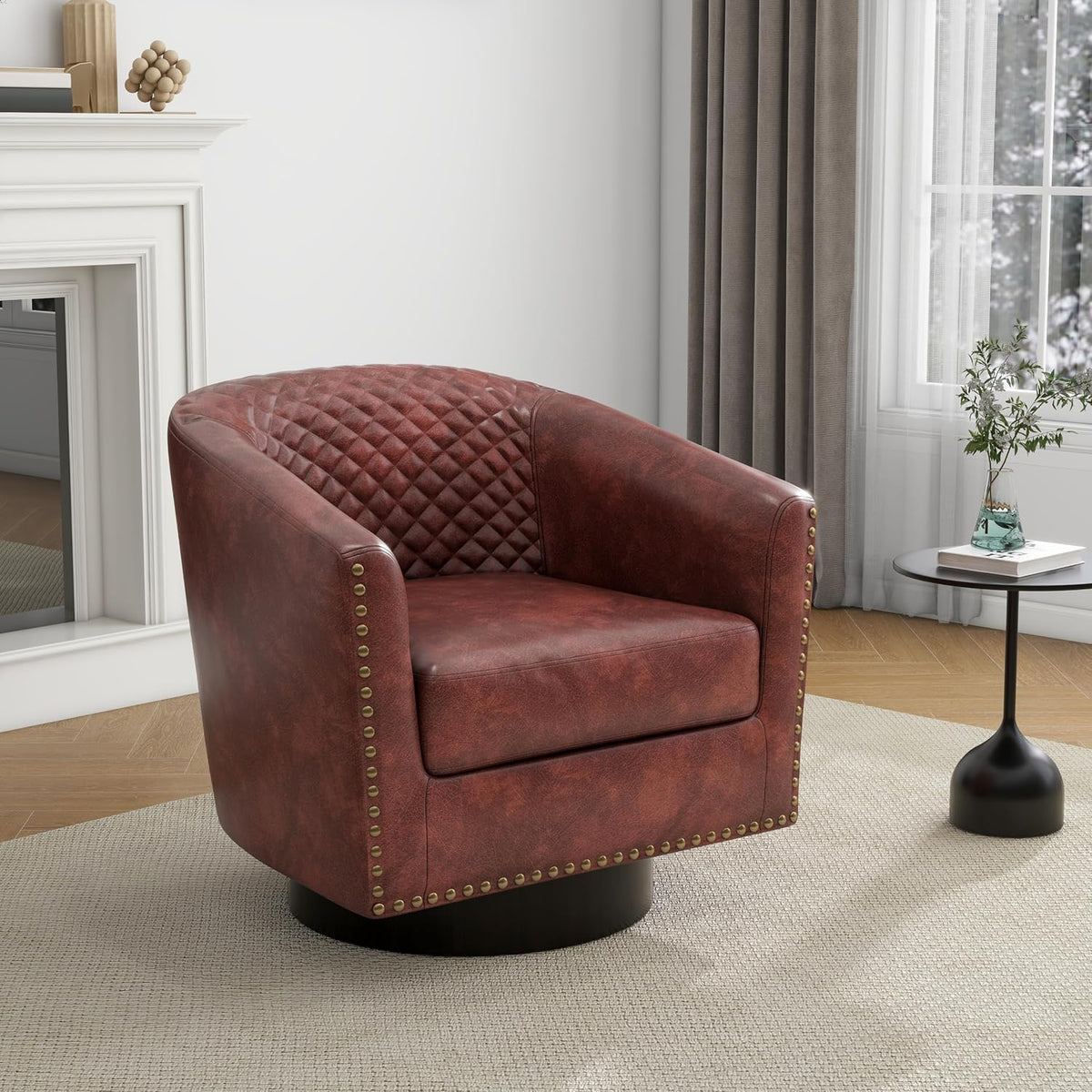 Swivel Barrel Accent Chairs Set of 2, Faux Leather Upholstered Armchair for Living Room, Comfy Bedroom Side Reading Seat, Red Brown