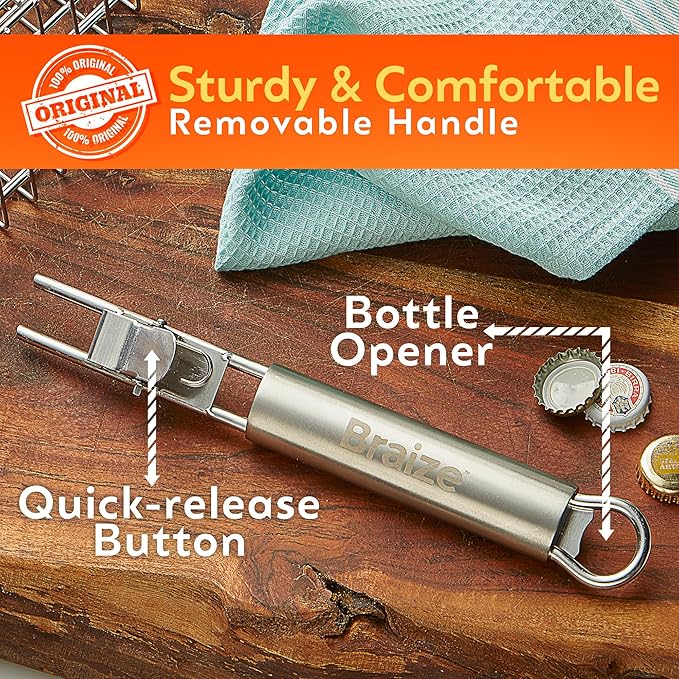 Stainless Steel Large Grill Basket with Removable Handle, Easy Open/Close Lid, Included Silicone Basting Brush & Steel-fiber Scrub Sponge - Perfect for Outdoor Cooking, BBQ, and Camping (12.25 x 9.5 x 1.5 Inches)